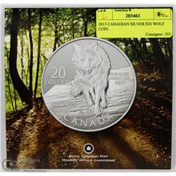 2013 CANADIAN SILVER $20 WOLF COIN.