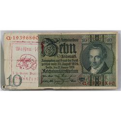 TOTENOPF WAFFEN SS 10 MARK BANK NOTE.