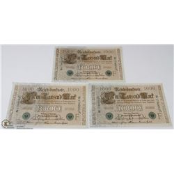 3 UNCIRCULATED 1910 GERMAN 1000 MARK, CONSECUTIVE