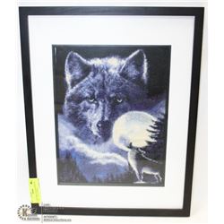 FRAMED WOLF NEEDLE POINT W/ GLASS ( COLLECTIBLE )