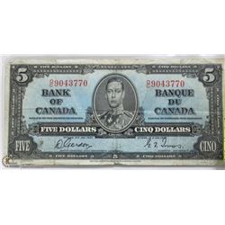 1937 CANADIAN $5.00 BILL.
