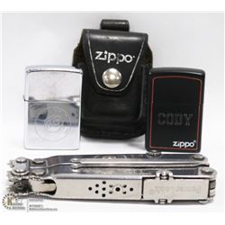 2 AUTHENTIC ZIPPO LIGHTERS , ONE WITH LEATHER