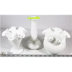 LOT OF 3 PIECES MILKGLASS HOBNAIL