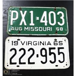 2 COLLECTIBLE LICENCE PLATES - 65 VIRGINIA & 68