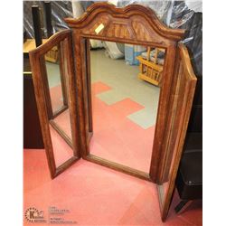 VINTAGE SOLID WOOD TRIFOLD MIRROR 52” X 51”