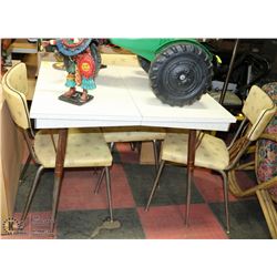 VINTAGE ARBORITE TABLE WITH LEAF AND 3 CHAIRS
