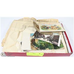 TRAY LOT OF ANTIQUE POSTCARDS AND PAPERS