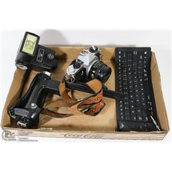 FLAT WITH PENTAX 35M CAMERA , LENS, KEYBOARD AND