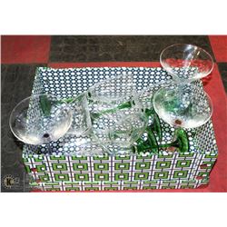 11 MARTINI & CHAMPAGNE COLOR STEMMED GLASSES.