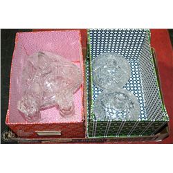 3 CRYSTAL CANDY DISHES W/LIDS & 2 CANDLE HOLDERS.