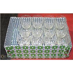 9 FLORAL ETCHED WINE GLASSES.