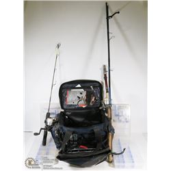 FISHING RODS & FULL TACKLE BOX.