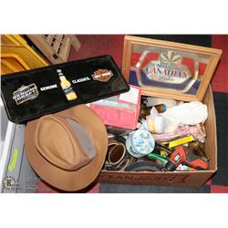 BOX WITH ASST BEER SIGNS & COKE GLASSES,