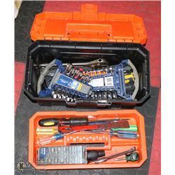 BLACK & ORANGE TOOL BOX FILLED WITH TOOLS.