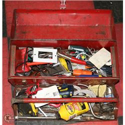RED TOOL BOX FILLED WITH ASSORTED TOOLS.