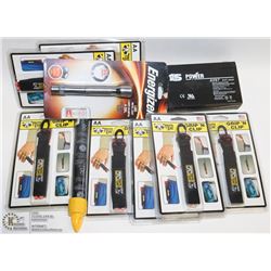 BOX OF ASSORTED SMALL TOOLS AND AN RS67 6V