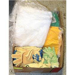BOX OF WORK GLOVES AND RAIN SUITS