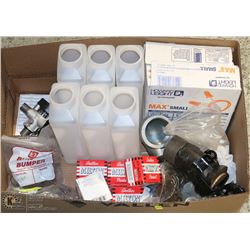 BOX OF ASSORTED PIPE FIXTURES, BORE AIR CHUCKS