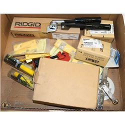 LOT OF CABLE SPLITTERS, SPARE SAW BLADES, PIPE