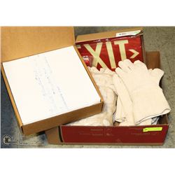 BOX OF KNIT WRIST GAUNTLET GLOVES, EXIT SIGN AND