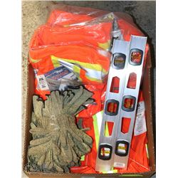 BOX OF WORK GLOVES SAFETY VESTS AND LEVELS