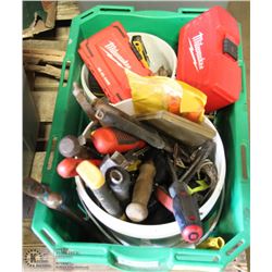 TOTE OF ASSORTED HAND TOOLS INCL DRILL BITS.