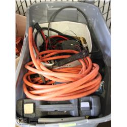 TOTE OF ASSORTED ELECTRICAL INCL BATTERY CHARGER &