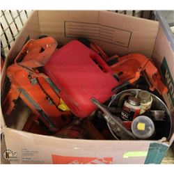 BOX OF ASSORTED TOOLS INCL WORKHORSE BRACKETS,