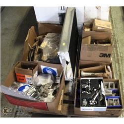 PALLET OF ASSORTED HARDWARES, SHELVING AND MORE