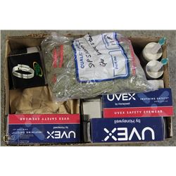 ASSORTED BOX OF SAFETY GLASSES, GLOVES, SILICONE