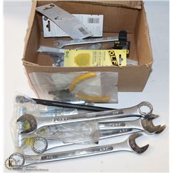 BOX OF VARIOS SIZED WRENCHES, SOCKETS AND ROTARY