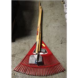 LOT OF 3 GARDEN TOOLS INCL RAKE, HOE, ICE PICK AND
