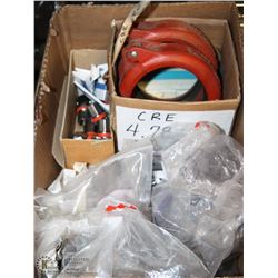 BOX OF PIPE CLAMPS, THREADED NIPPLES AND MORE