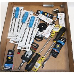 BOX OF ASSORTED SIZE SCREWDRIVERS, WRENCHES AND