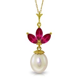 Genuine 4.75 ctw Ruby & Pearl Necklace Jewelry 14KT Yellow Gold - REF-26M2T