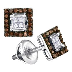 0.33 CTW Cognac-brown Color Diamond Square Cluster Earrings 10KT White Gold - REF-22X4Y