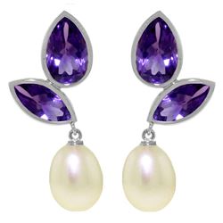 Genuine 16 ctw Pearl & Amethyst Earrings Jewelry 14KT White Gold - REF-42Y2F