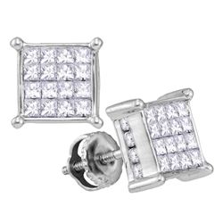 1.02 CTW Princess Diamond Cluster Stud Earrings 14KT White Gold - REF-75Y2X