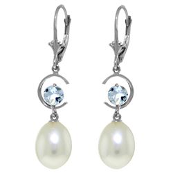 Genuine 9 ctw Pearl & Aquamarine Earrings Jewelry 14KT White Gold - REF-39H2X