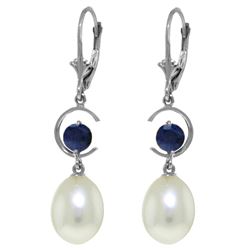 Genuine 9 ctw Pearl & Sapphire Earrings Jewelry 14KT White Gold - REF-39X4M