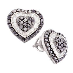 1.5 CTW Black Color Diamond Heart Cluster Screwback Earrings 14KT White Gold - REF-67X4Y