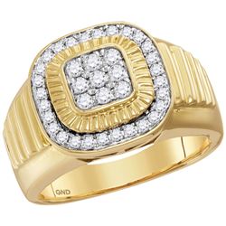 0.75 CTW Mens Diamond Square Cluster Ribbed Ring 10KT Yellow Gold - REF-75X2Y