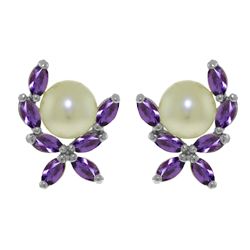 Genuine 3.25 ctw Pearl & Amethyst Earrings Jewelry 14KT White Gold - REF-30V2W