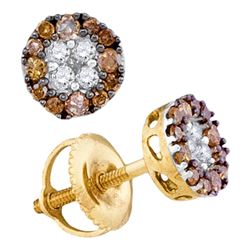 0.33 CTW Cognac-brown Color Diamond Cluster Stud Earrings 10KT Yellow Gold - REF-16K4W