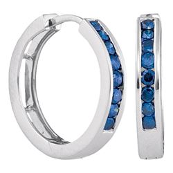 0.50 CTW Blue Color Channel-Set Diamond Hoop Earrings 14k White Gold - REF-41K9W