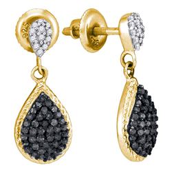 0.50 CTW Black Color Diamond Teardrop Cluster Dangle Earrings 10KT Yellow Gold - REF-24M2H