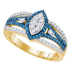 0.85 CTW Blue Color Diamond Halo Cluster Ring 10KT Yellow Gold - REF-44Y9X