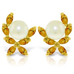 Genuine 3.25 ctw Pearl & Citrine Earrings Jewelry 14KT Yellow Gold - REF-30P2H