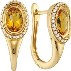 1.57 CTW Oval Natural Citrine Diamond Hoop Earrings 14KT Yellow Gold - REF-87N2F