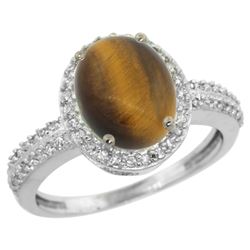 Natural 2.56 ctw Tiger-eye & Diamond Engagement Ring 14K White Gold - REF-39A7V